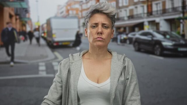 Woman with short hair shows thumbs down gesture on city street beside vehicles; disapproval rejection.
