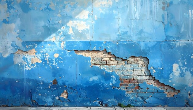 A distressed blue wall with peeling paint and exposed brick