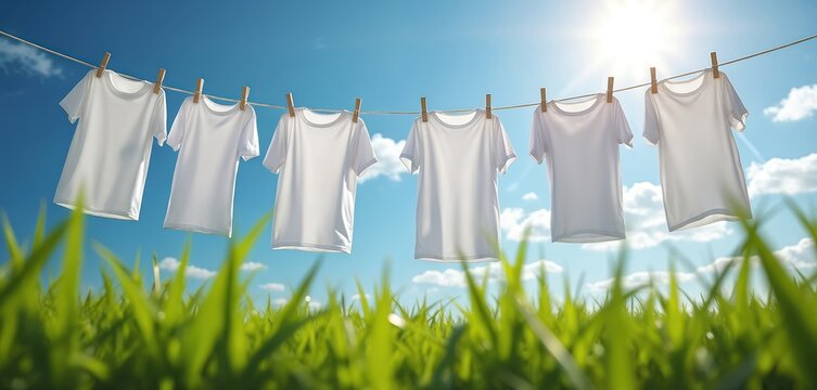 White t shirts hang on a clothesline under a bright sun. Fresh laundry dries on a rope outdoors with green grass below and blue sky above. Clean apparel aired on washing day.