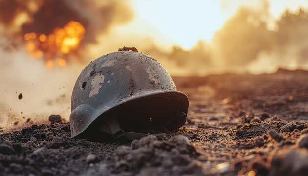 War helmet rests on chaotic battlefield with raging fires, ideal for militarythemed designs, history presentations, or depicting warfare concepts.
