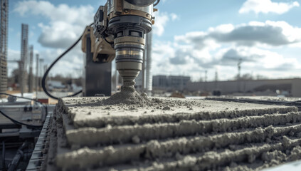 3D concrete printing nozzle extruding wet cement in construction site with cloudy sky