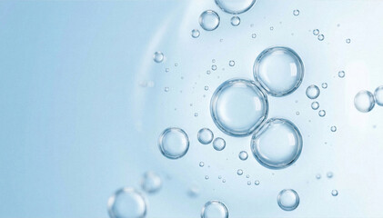 Abstract macro background of transparent cosmetic serum bubbles floating in blue liquid. Clean...