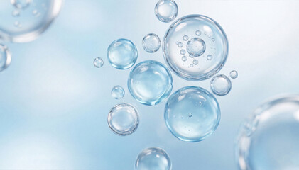 Abstract macro view of transparent cosmetic serum bubbles floating in soft blue liquid. Molecular skincare and hydration concept with clean beauty aesthetic. Minimal scientific background suitable for
