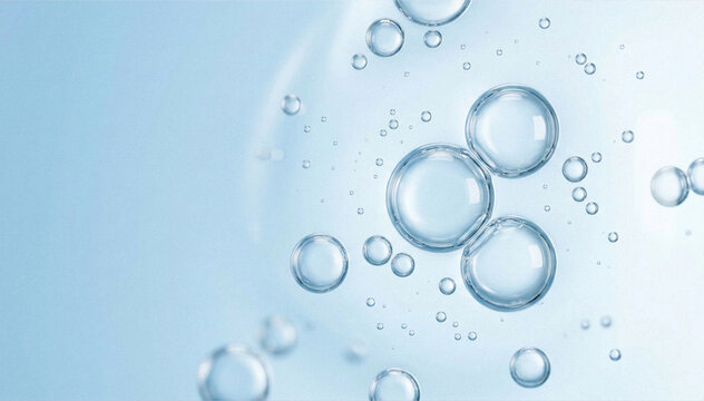 Abstract macro background of transparent cosmetic serum bubbles floating in blue liquid. Clean skincare or biotechnology concept with hydration, collagen, and molecular texture. Minimal scientific bea