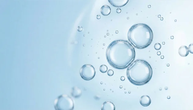 Abstract macro background of transparent cosmetic serum bubbles floating in blue liquid. Clean skincare or biotechnology concept with hydration, collagen, and molecular texture. Minimal scientific bea