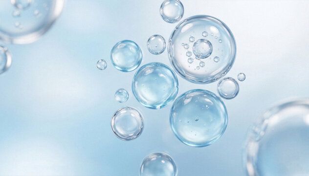 Abstract macro view of transparent cosmetic serum bubbles floating in soft blue liquid. Molecular skincare and hydration concept with clean beauty aesthetic. Minimal scientific background suitable for