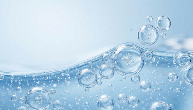 Macro close-up of transparent bubbles in blue cosmetic liquid forming a smooth wave surface. Abstract molecular skincare and hydration concept with clean beauty aesthetic. Minimal scientific backgroun