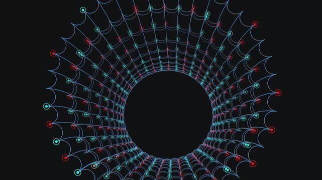 A wide-angle view from inside a digital lattice, emphasizing a vast, dark central void. Glowing nodes and thin, arcing blue wires pulsate at the periphery, suggesting a massive data storage or neural 
