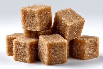Several brown sugar cubes with a visible granular texture are stacked on a white surface creating a small pile