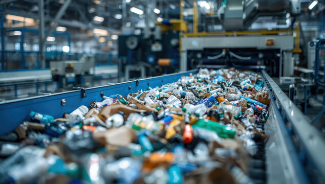 Recycling facility conveyor with mixed plastic and paper waste motion, industrial sorting