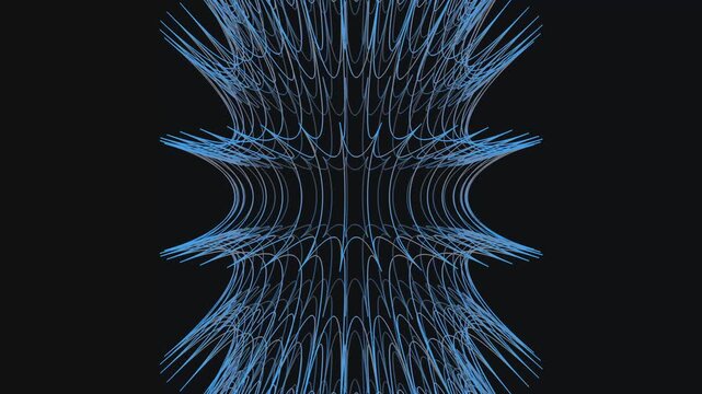 A symmetrical, vertical composition showing a pulsating blue wireframe structure that resembles a futuristic column or a localized magnetic field. The fine lines create a dense, shimmering texture aga
