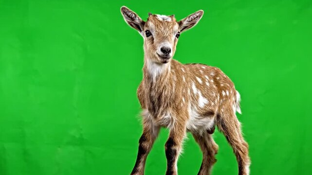A cute brown and white spotted baby goat standing on a green screen background, looking directly at the camera.