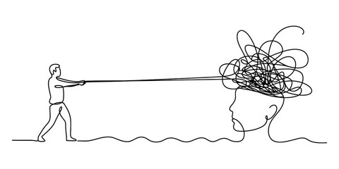 Man pulling tangled line out of woman's head, symbolizing mental clarity © Bobita