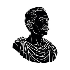 Black and white illustration of a man with a mustache in a toga.