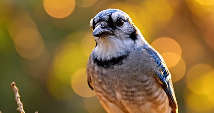A blue jay perched on a nest with eggs, surrounded by a softly blurred natural background