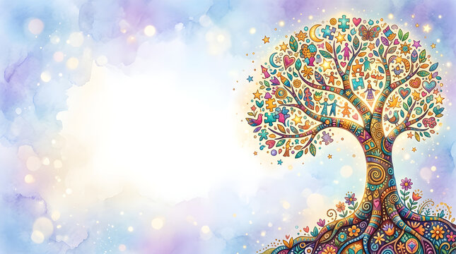 Concept World Autism Awareness Day, colorful tree of life with puzzle pieces and diverse symbols on pastel watercolor background with copy space