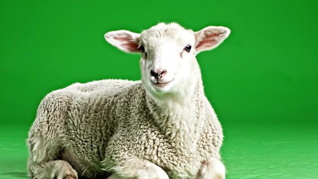 A cute white fluffy lamb lies down against a vibrant green studio background, looking directly at the viewer.