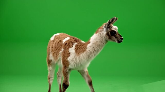 A young brown and white llama-like animal standing on a green screen background.