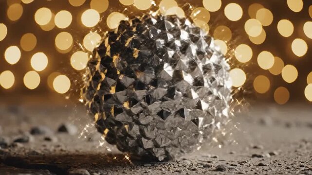 A sparkling llic sphere with a faceted surface rests on rough ground.