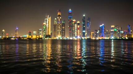 Obraz premium Vibrant Bokeh City Lights Reflected In Water At Night Creating An Abstract Urban Background