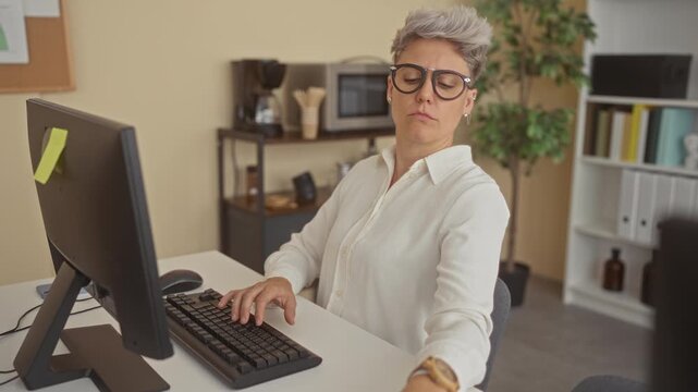 Woman hand holds paper document near computer monitor at desk in office cubicle; analysis concentration.