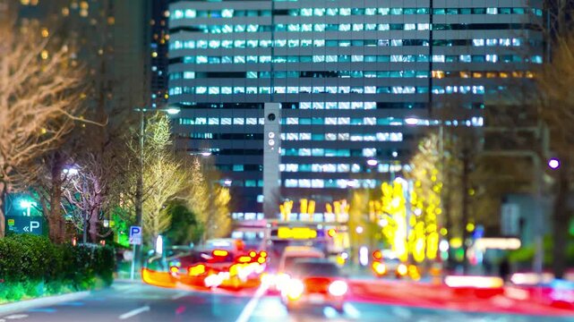 夜の東京ビジネス街 タイムラプス シフトレンズ逆アオリ