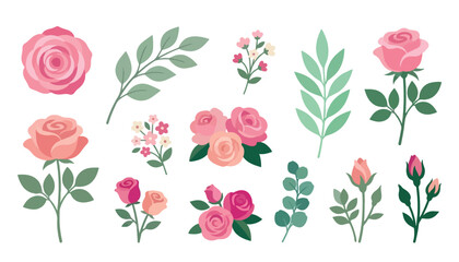 Delicate assortment of hand-drawn pink rose illustrations, vibrant green leaves, and charming floral elements perfect for decorative designs © Rizki