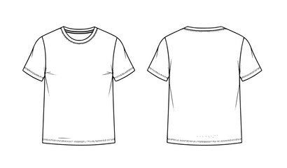 Naklejka premium Men’s short sleeve T shirt technical fashion flat sketch vector template with front and back views black clothing design mockup isolated on white