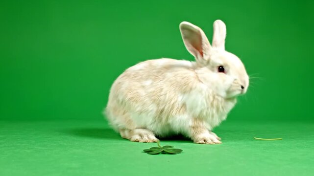 A fluffy white rabbit with pink eyes sits on a vibrant green background next to a lucky four-leaf clover.