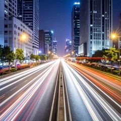 Fototapeta premium A cityscape at night with a busy road and tall buildings