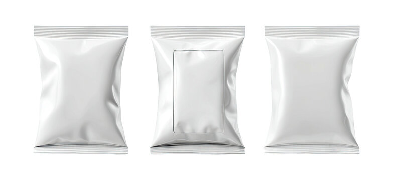 Three white sealed packaging pouches with glossy finish isolated on a black background