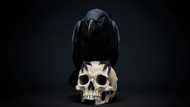 Mysterious Black Raven Perched on Human Skull  Ominous Symbolism.
