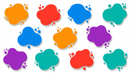 Colorful abstract shapes with splatters on white background.