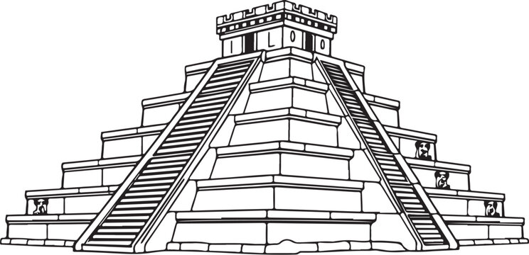 Ancient mayan temple Hand-drawn Sketch Drawing Vector Illustration, Line Linear Symbol Black and White Engraving, Isolated