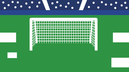Simple illustration of a soccer goal on a green field with a blue background. © Abhinaya Project