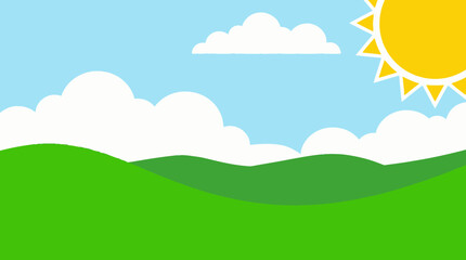 Obraz premium Serene landscape with sun and fluffy clouds over green hills.