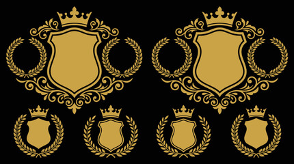 Luxury gold ornate crest emblems and shields with crowns on black background.