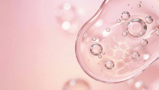 Macro close-up of transparent cosmetic serum with bubbles and molecular structure inside a glossy pink liquid texture. Beauty skincare science concept featuring hydration, collagen or hyaluronic acid 