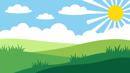 Serene landscape with sun shining over green hills and fluffy clouds. © Abhinaya Project
