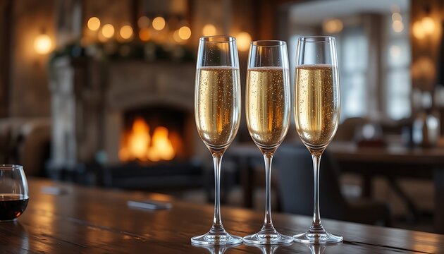 Elegant champagne flutes filled with a light-colored sparkling wine on a bar counter, with a warm fireplace and cozy interior background, conveying a cozy winter gathering.