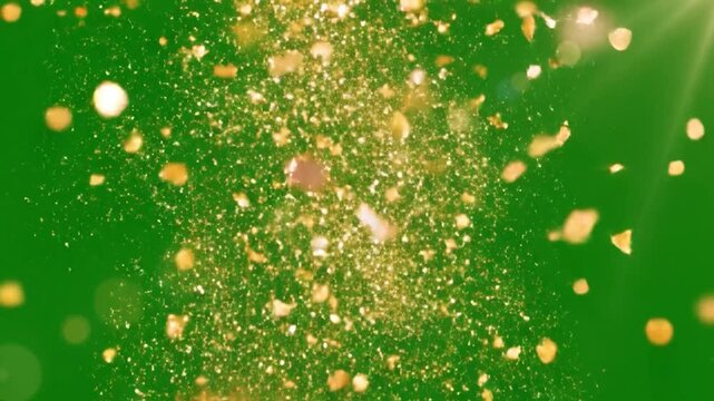 Golden glitter particles explode and fall against a vibrant green background