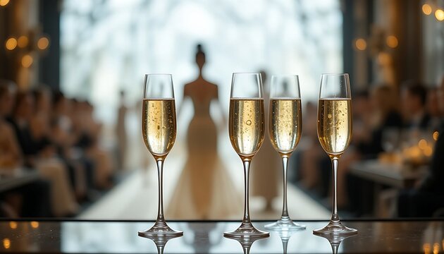  Elegant champagne flutes filled with a light-colored sparkling wine on a bar counter, with a blurred backdrop of a high-end fashion runway show, suggesting exclusivity. Ratio 16:9, sophisticated, gla