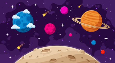 Colorful Cartoon Illustration of Planets in Outer Space. © Abhinaya Project