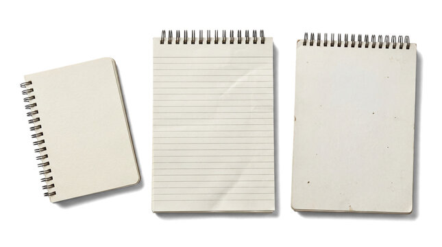 three blank spiral notebooks with beige covers and metal bindings, arranged on a transparent background, top-down view.