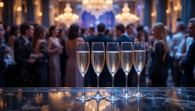  Elegant champagne flutes filled with a light-colored sparkling wine on a bar counter, with a blurred backdrop of a fashionably dressed crowd at a gala. Ratio 16:9, sophisticated, glamorous, upscale.
