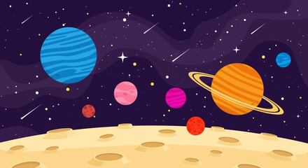 Colorful cartoon planets and stars in outer space illustration. © Abhinaya Project