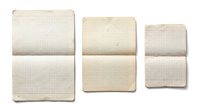 three open vintage graph paper notebooks of varying sizes are displayed against a transparent background, showcasing aged paper with grid lines and red ruling.