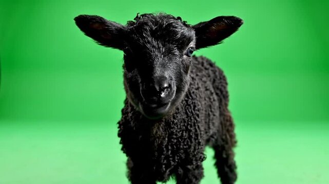 A cute black lamb with curly wool stands facing forward against a vibrant green screen background.