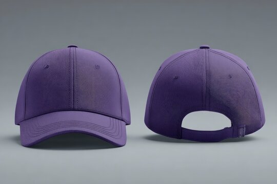 Two purple baseball caps one facing forward and one backward are displayed against a plain grey background