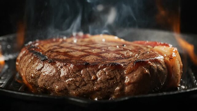 A thick, seared beef steak with prominent grill marks sizzles over intense heat and visible flames in a dark setting.